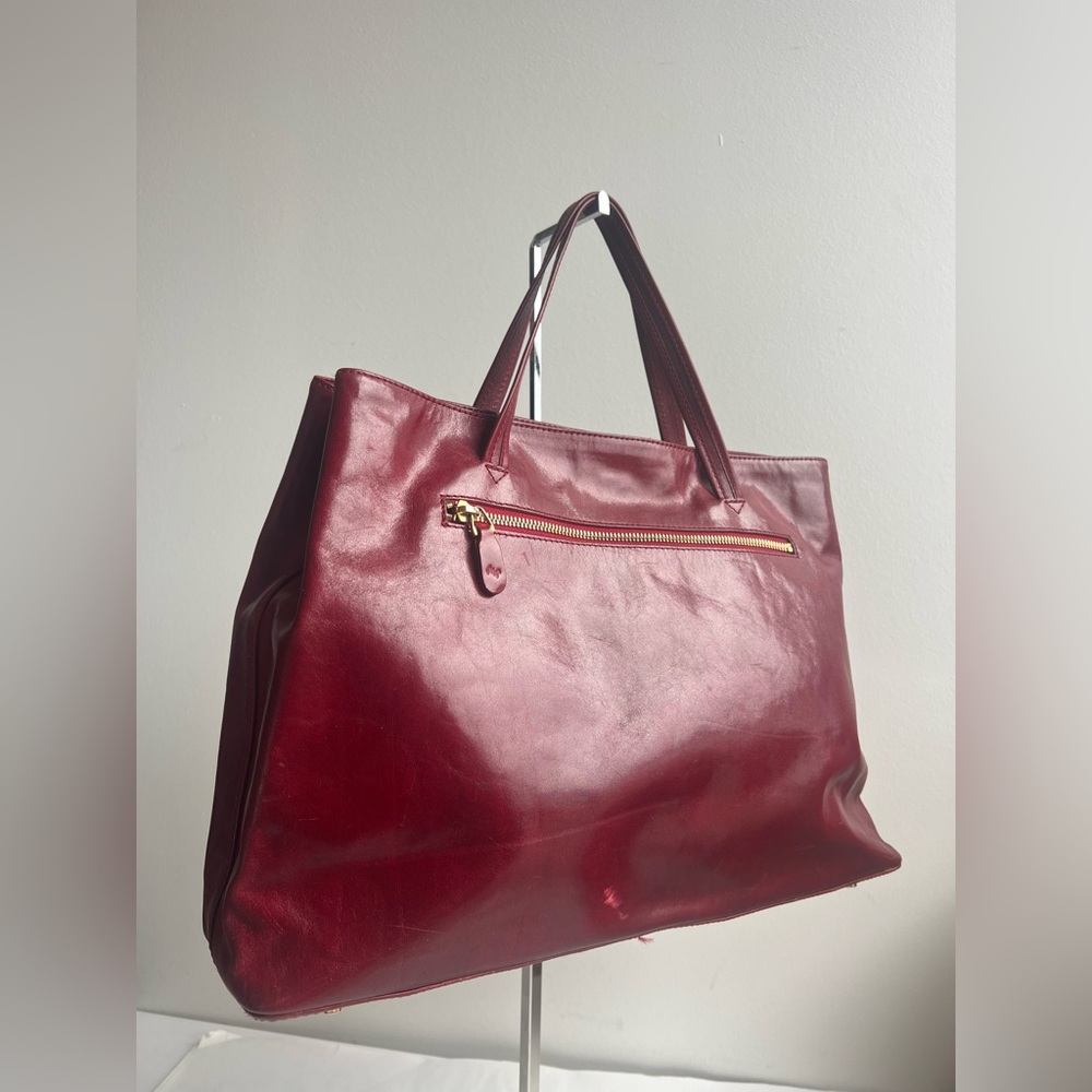 Vintage 90s Y2K Oxblood Leather Tote‎ Bag Structured Patina Minimalist Work Bag - Picture 2 of 14